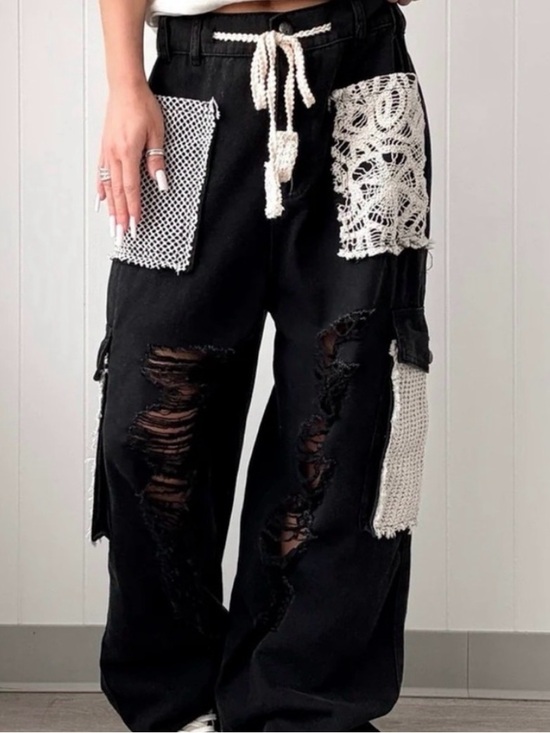 POL Pants - #1379 POL Pink Distressed Cargo Track Pants with Crochet Pockets